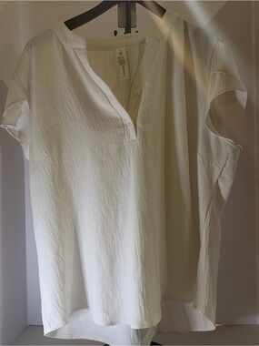 Light Cream Short-Sleeve Button-Neck Blouse